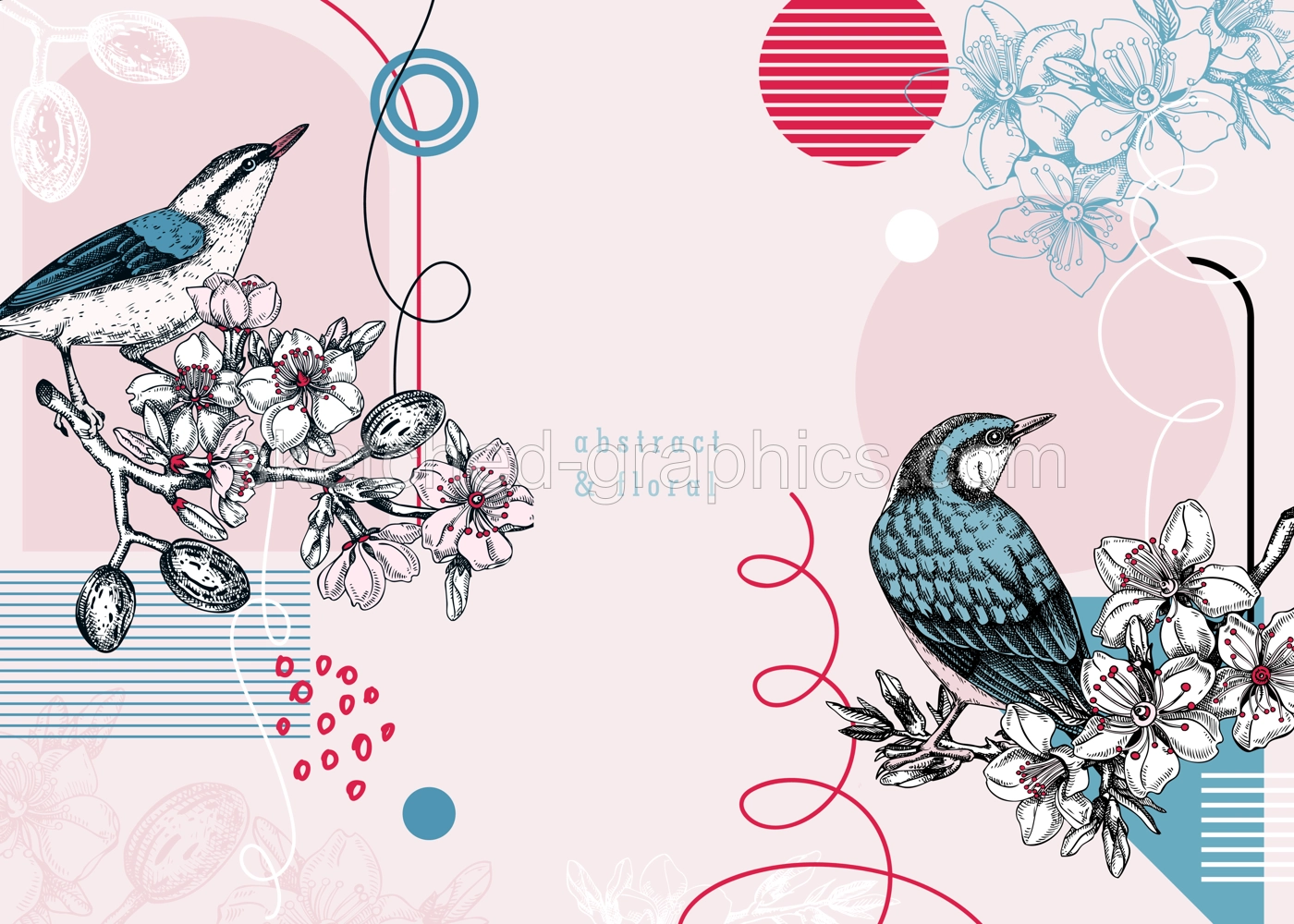 Collage style nuthatches vector background. Hand-drawn bird on blooming almond branches with flowers, nuts, and leaves in colors. Trendy design with botanical sketches, geometric shapes for print Illustration